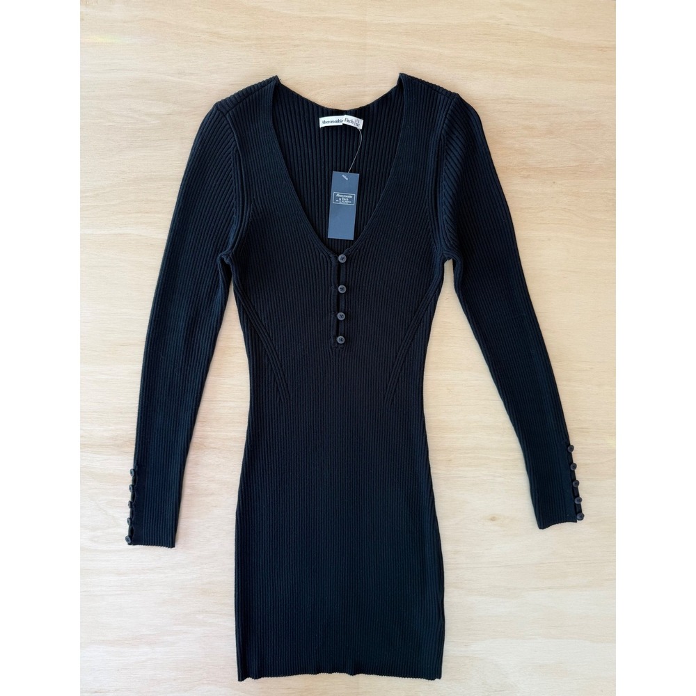 Abercrombie & Fitch Black Ribbed Bodycon V-Neck Mini Dress NWT Y2K 90s - Small